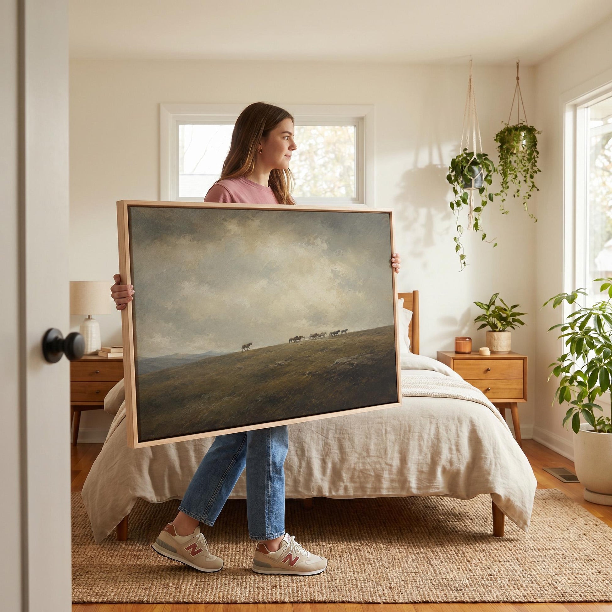 Distant herd of horses crossing a ridge under a vast cloudy sky, canvas wall art styled against a soft white wall