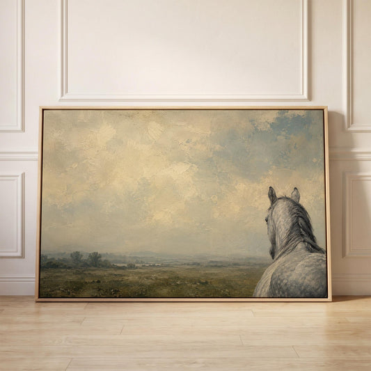 Dapple grey horse looking out over a hazy green valley, canvas print held up against a sunlit bedroom wall