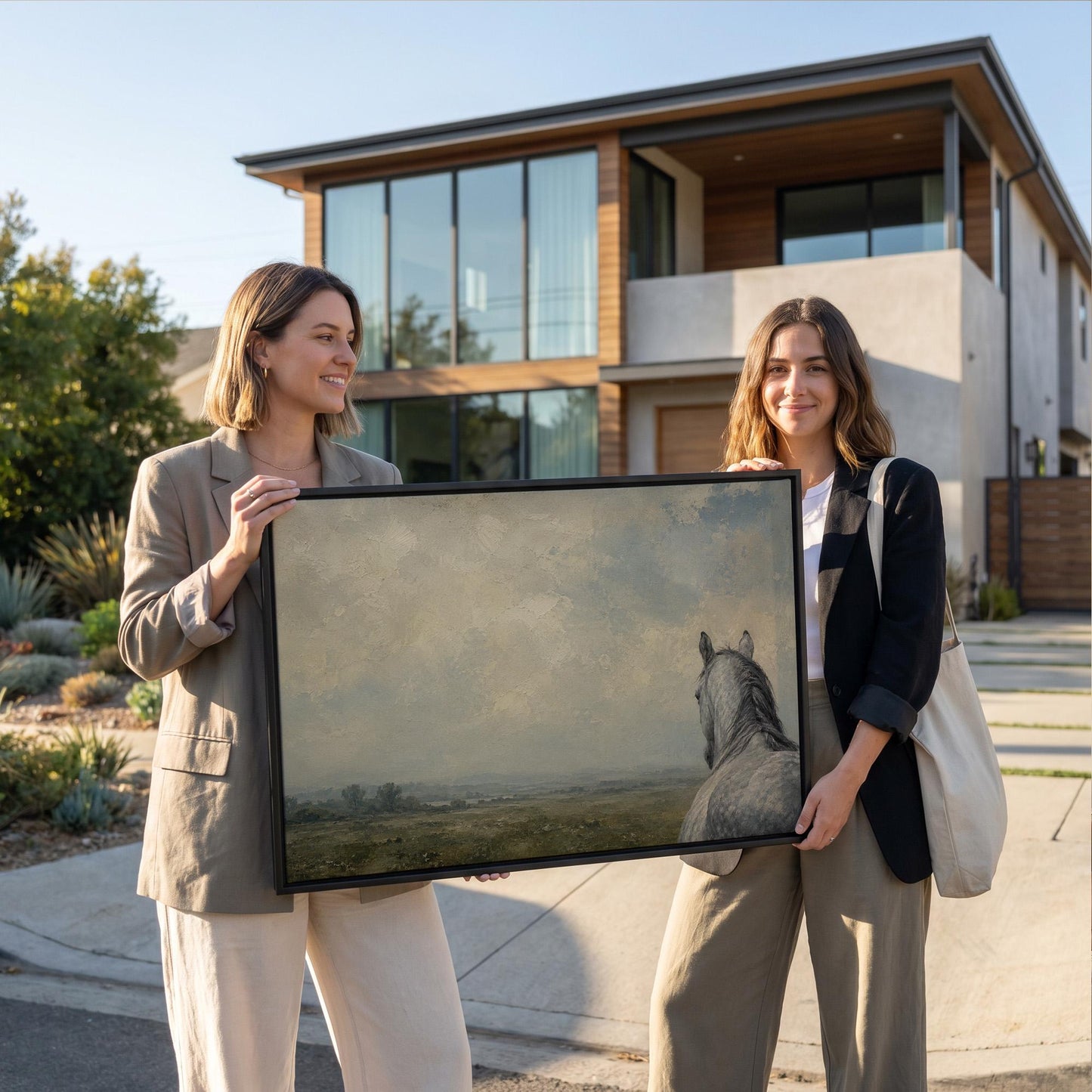 Dapple grey horse looking out over a hazy green valley, canvas print styled against a soft white wall