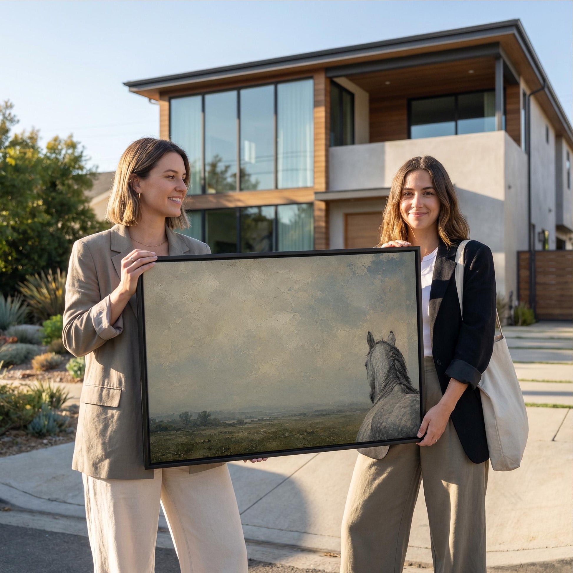 Dapple grey horse looking out over a hazy green valley, canvas print styled against a soft white wall