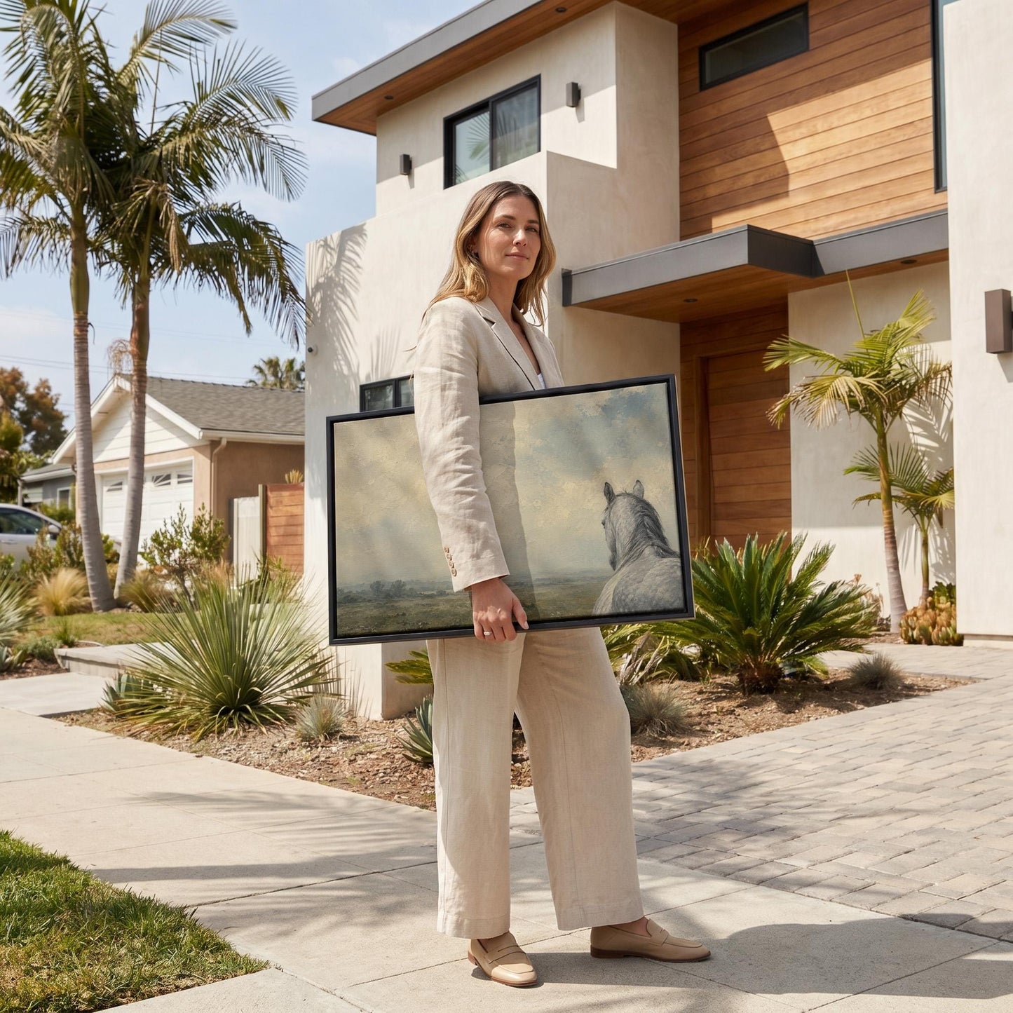 Dapple grey horse looking out over a hazy green valley, canvas print shown to scale in a furnished room