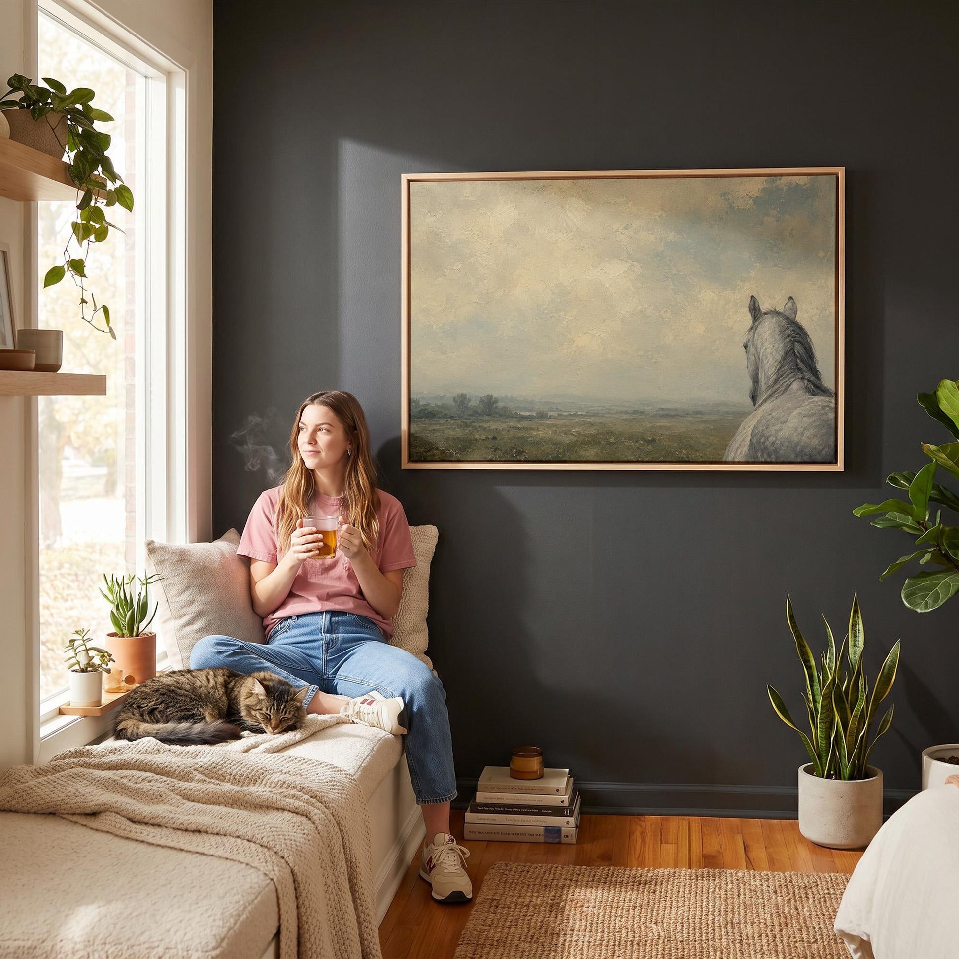 Dapple grey horse looking out over a hazy green valley, canvas print displayed on a neutral wall in a styled interior