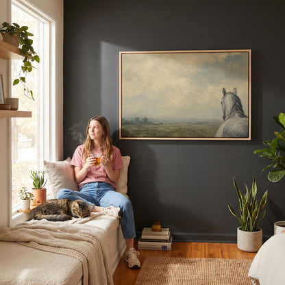 Dapple grey horse looking out over a hazy green valley, canvas print displayed on a neutral wall in a styled interior