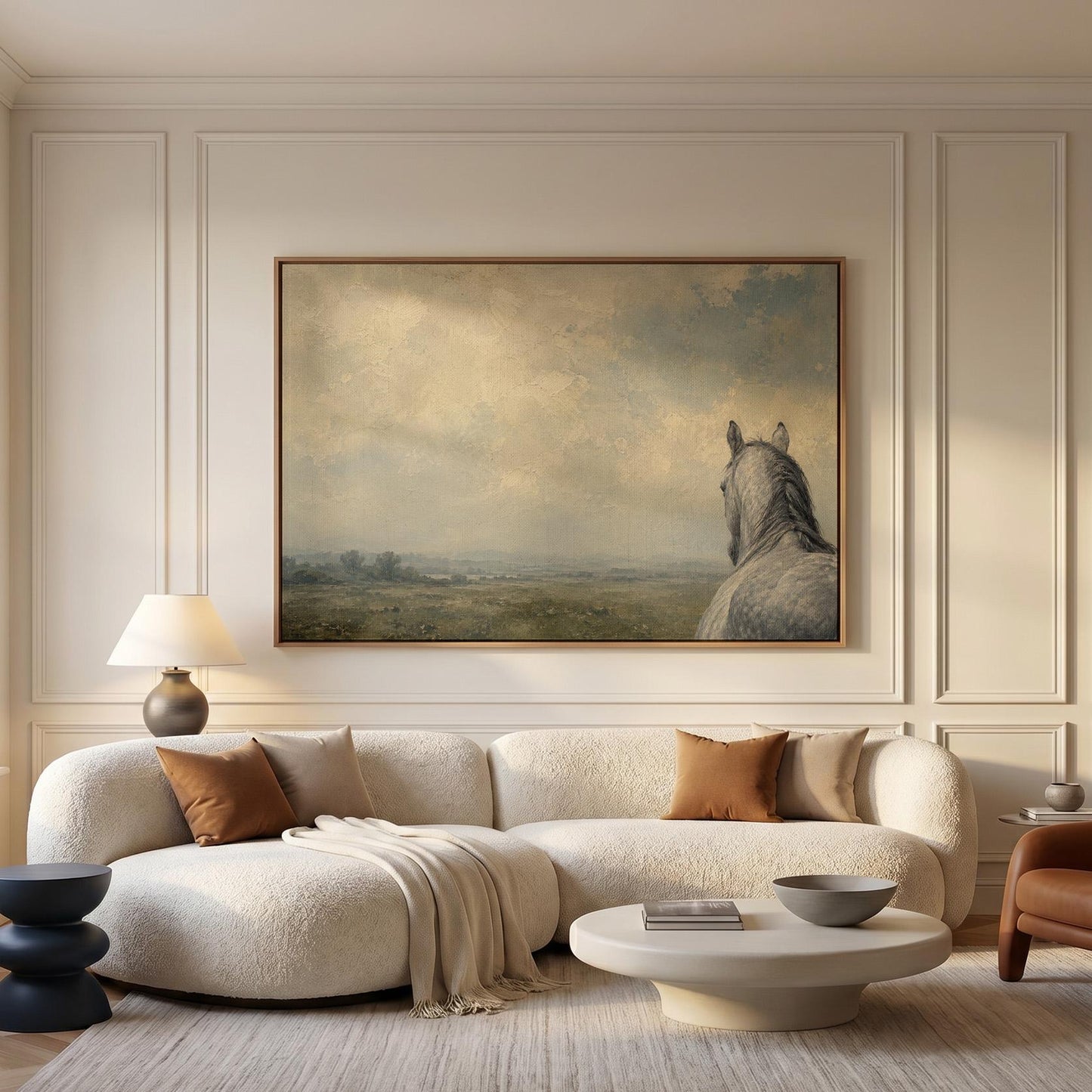 Dapple grey horse looking out over a hazy green valley, canvas wall art hanging in a calm, modern living space