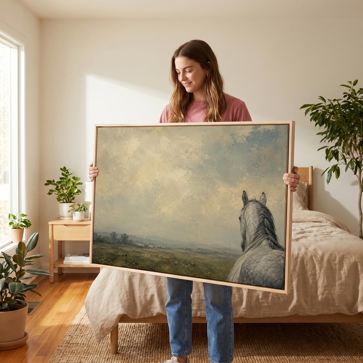 Dapple grey horse looking out over a hazy green valley, canvas wall art seen in a warm interior with natural light