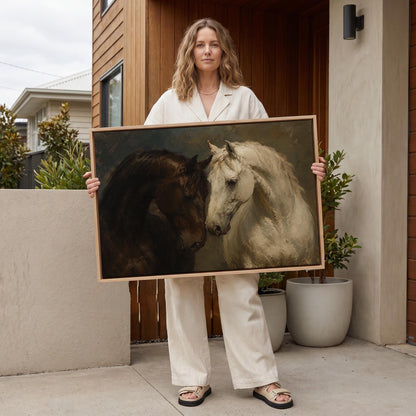 Dark bay and white horse portraits leaning together, canvas print hanging in a calm, modern living space