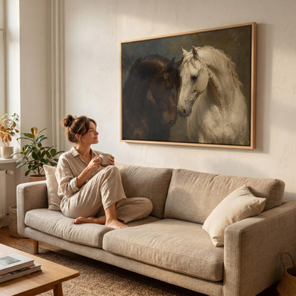Dark bay and white horse portraits leaning together, canvas print seen in a warm interior with natural light