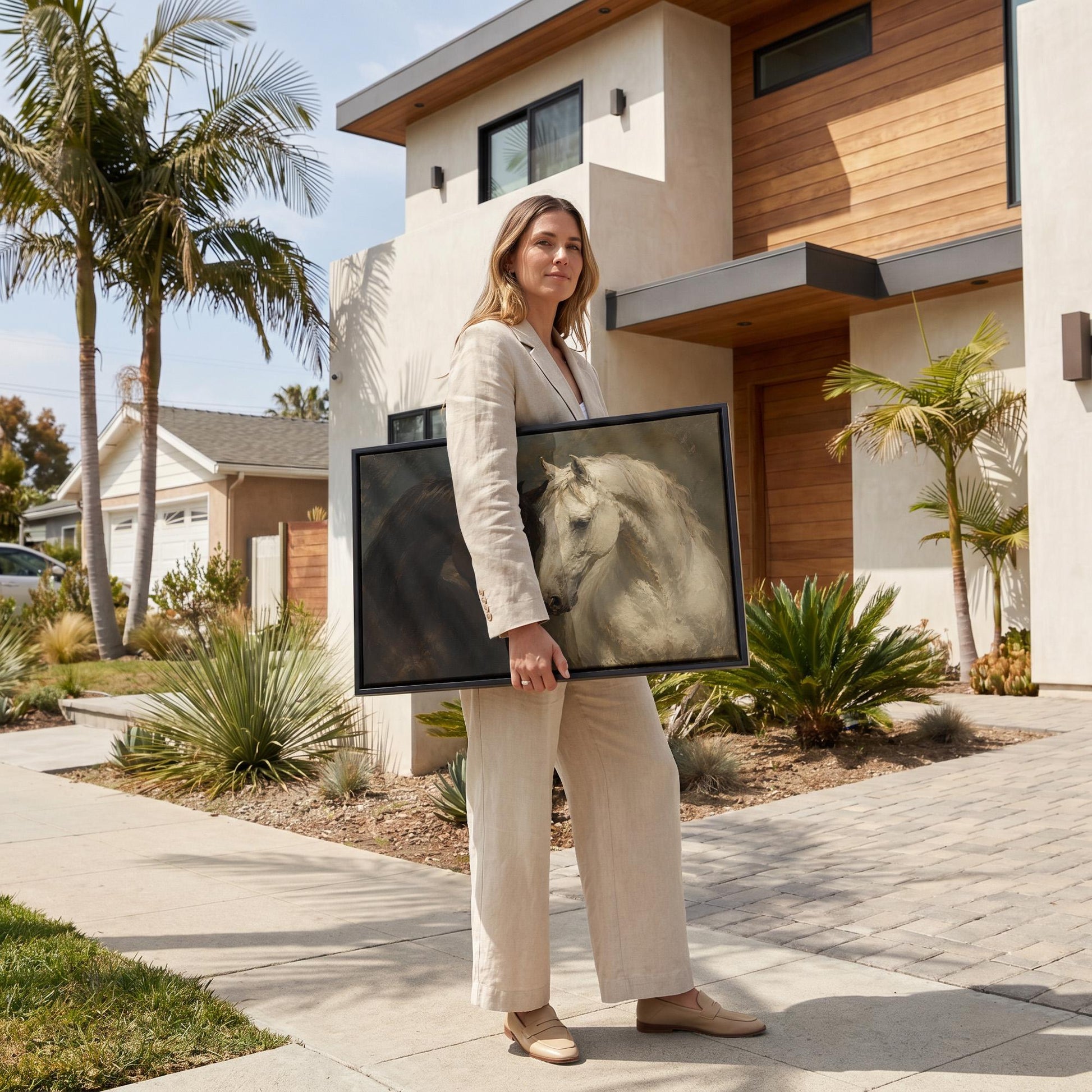 Dark bay and white horse portraits leaning together, canvas print on a quiet wall in a considered interior