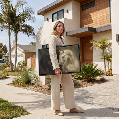 Dark bay and white horse portraits leaning together, canvas print on a quiet wall in a considered interior