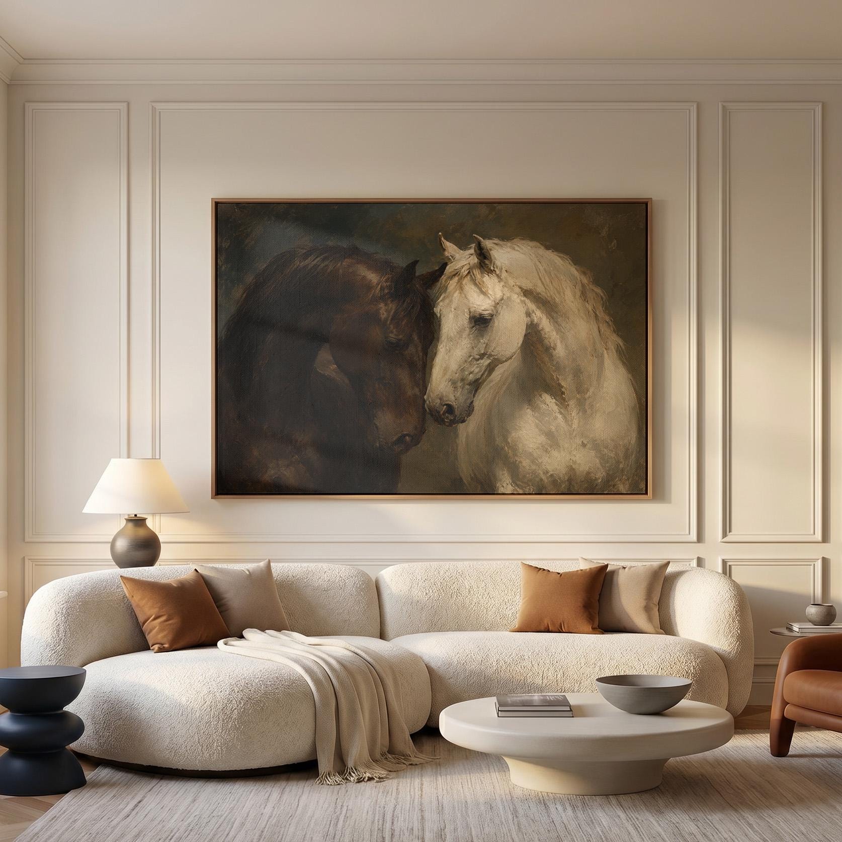 Dark bay and white horse portraits leaning together, canvas print shown in a sunlit, contemporary room