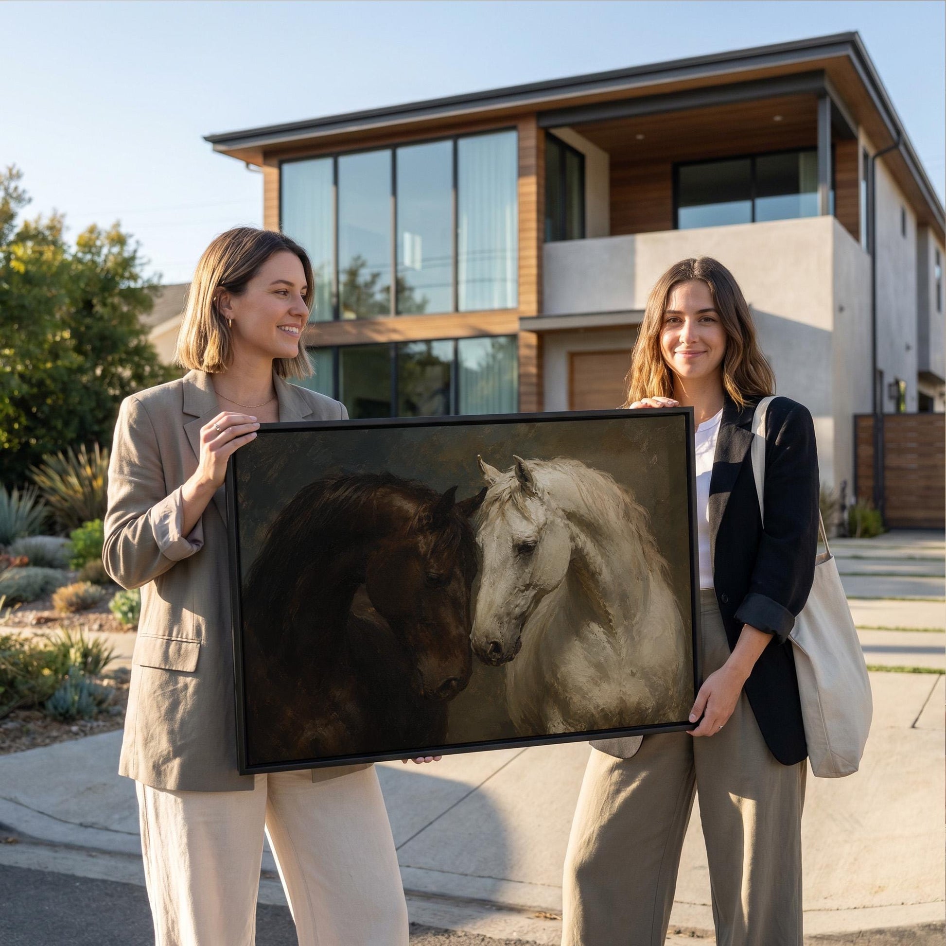 Dark bay and white horse portraits leaning together, canvas wall art hanging in a calm, modern living space