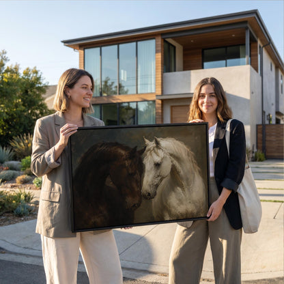 Dark bay and white horse portraits leaning together, canvas wall art hanging in a calm, modern living space