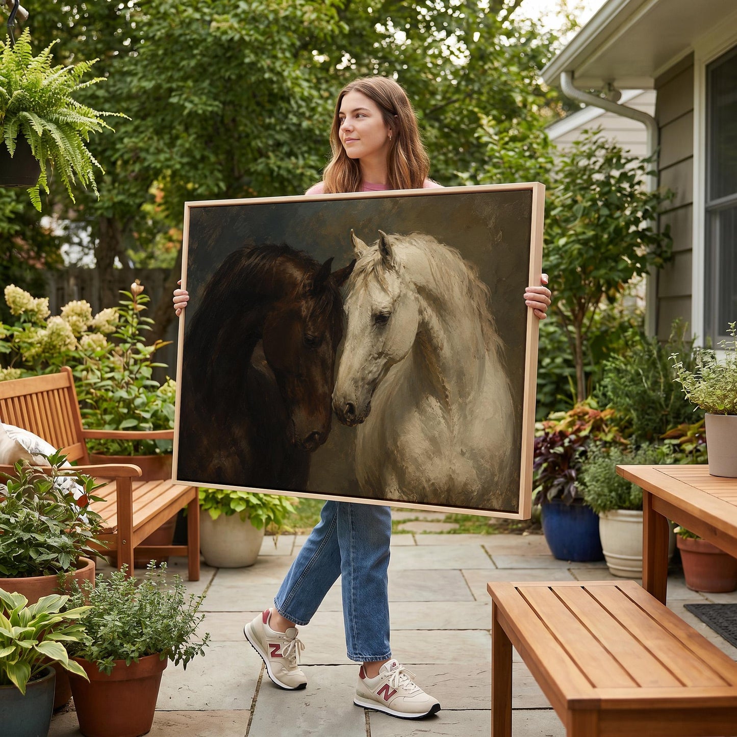 Dark bay and white horse portraits leaning together, canvas wall art styled against a soft white wall