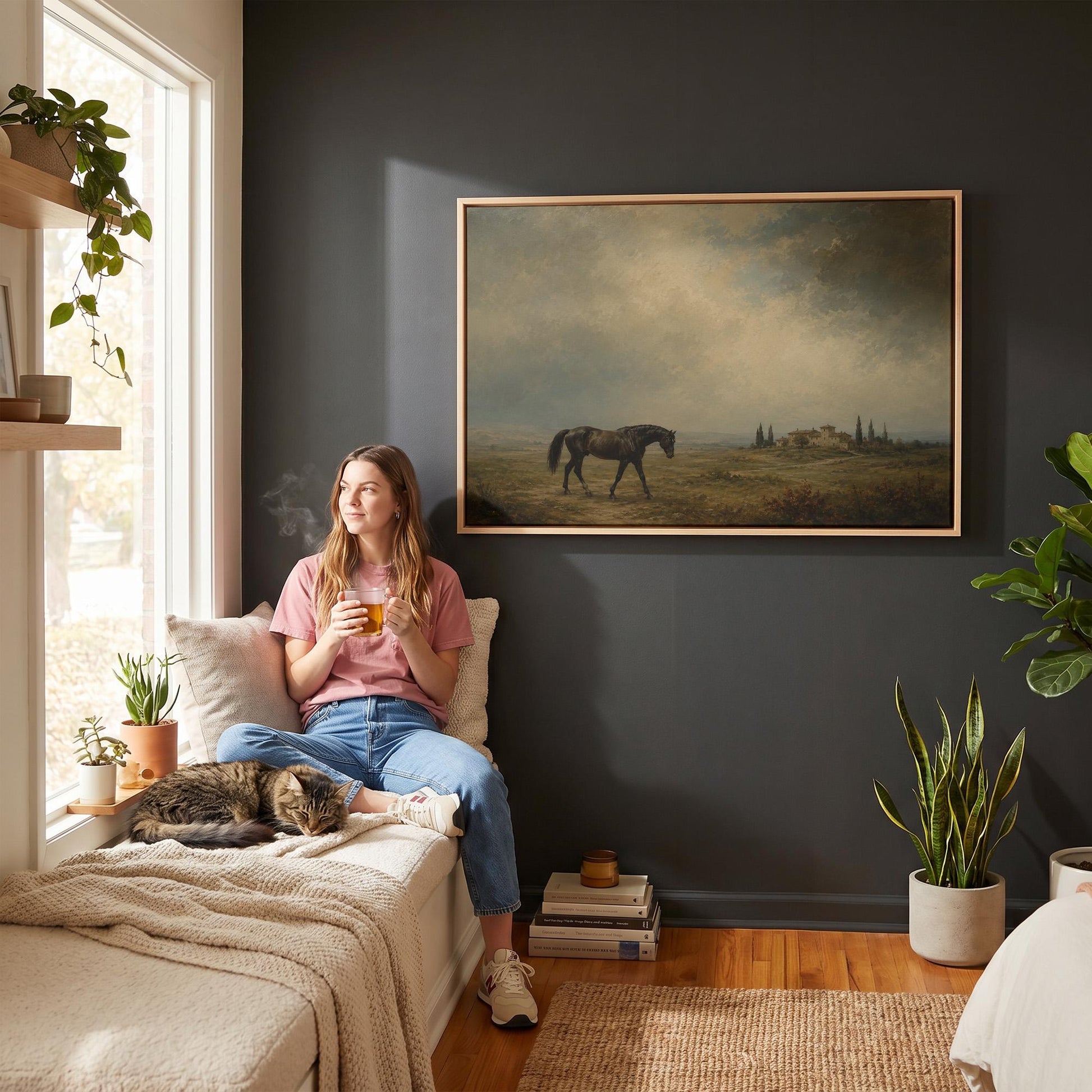 Dark horse in a meadow below a Tuscan villa with cypresses, canvas print hanging in a calm, modern living space