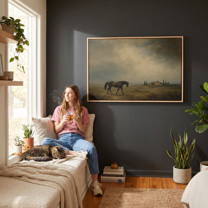 Dark horse in a meadow below a Tuscan villa with cypresses, canvas print hanging in a calm, modern living space