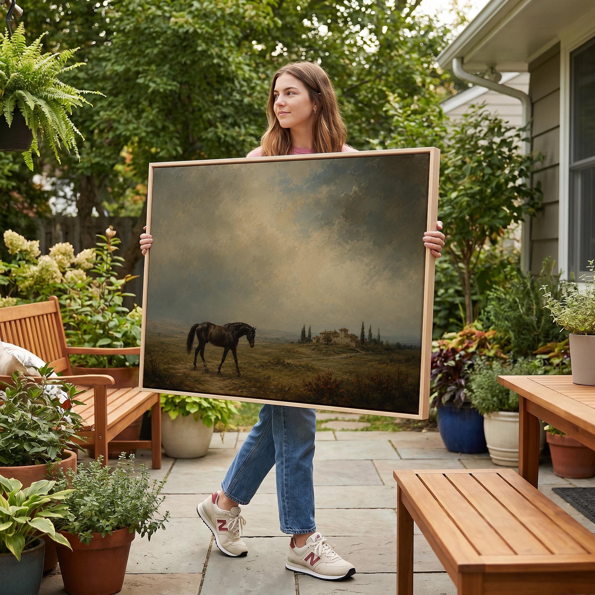 Dark horse in a meadow below a Tuscan villa with cypresses, canvas print styled against a soft white wall
