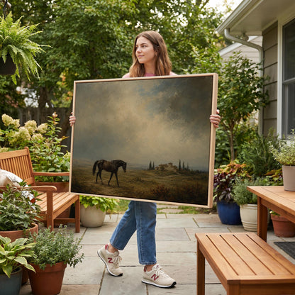 Dark horse in a meadow below a Tuscan villa with cypresses, canvas print styled against a soft white wall