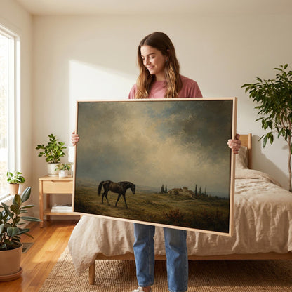 Dark horse in a meadow below a Tuscan villa with cypresses, canvas print shown to scale in a furnished room