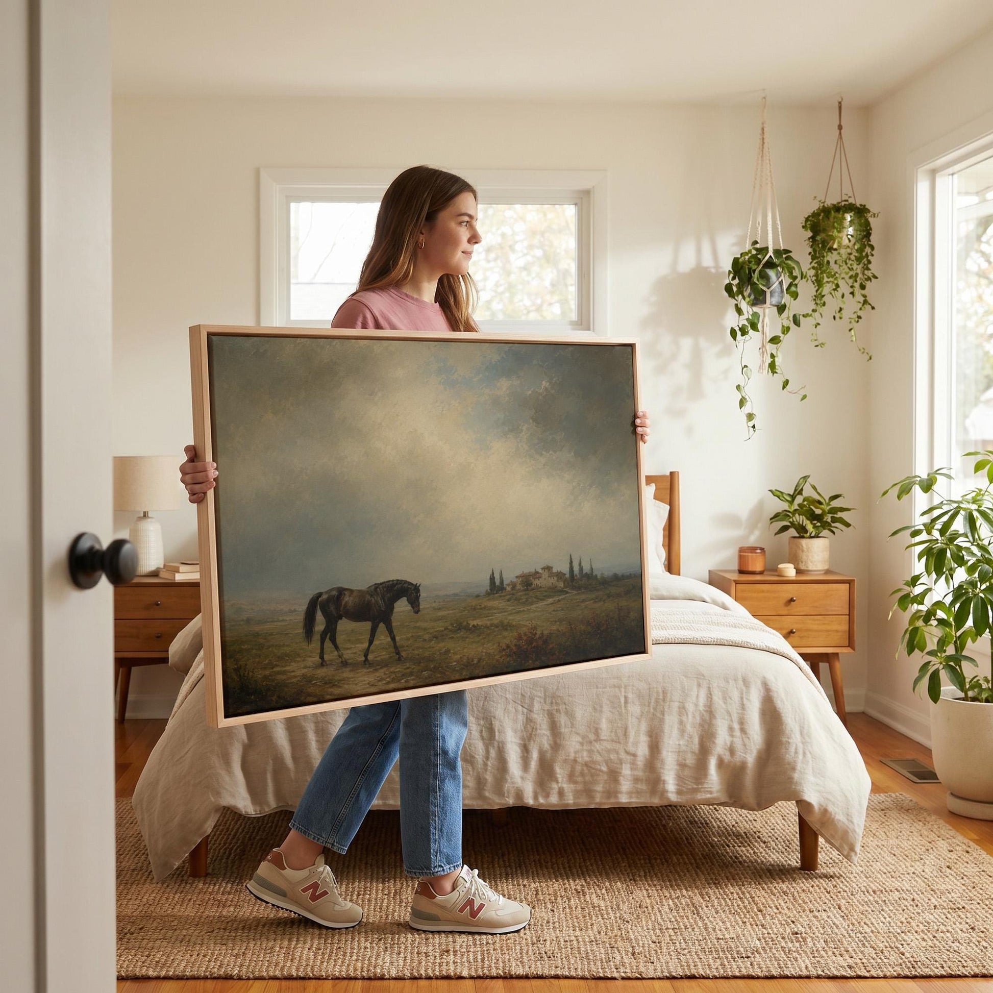 Dark horse in a meadow below a Tuscan villa with cypresses, canvas print displayed on a neutral wall in a styled interior