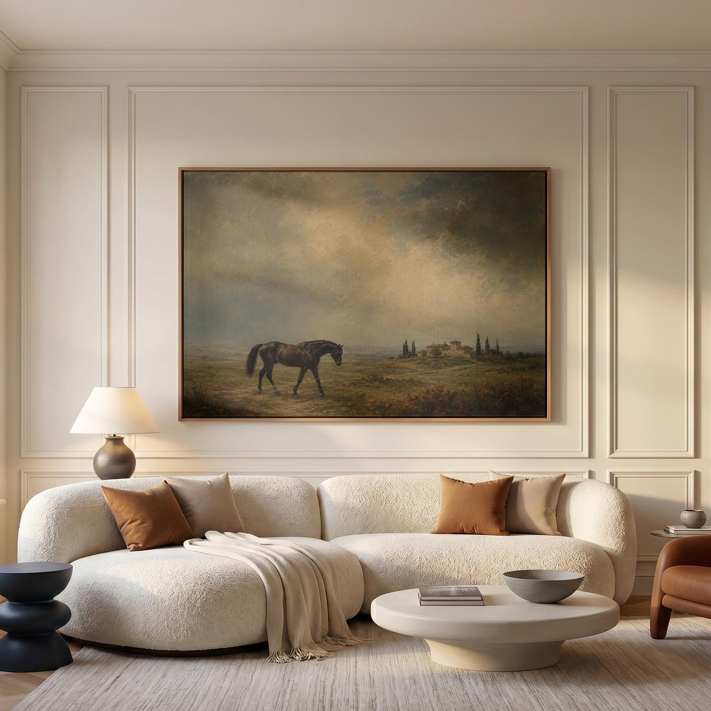 Dark horse in a meadow below a Tuscan villa with cypresses, canvas wall art hanging in a calm, modern living space