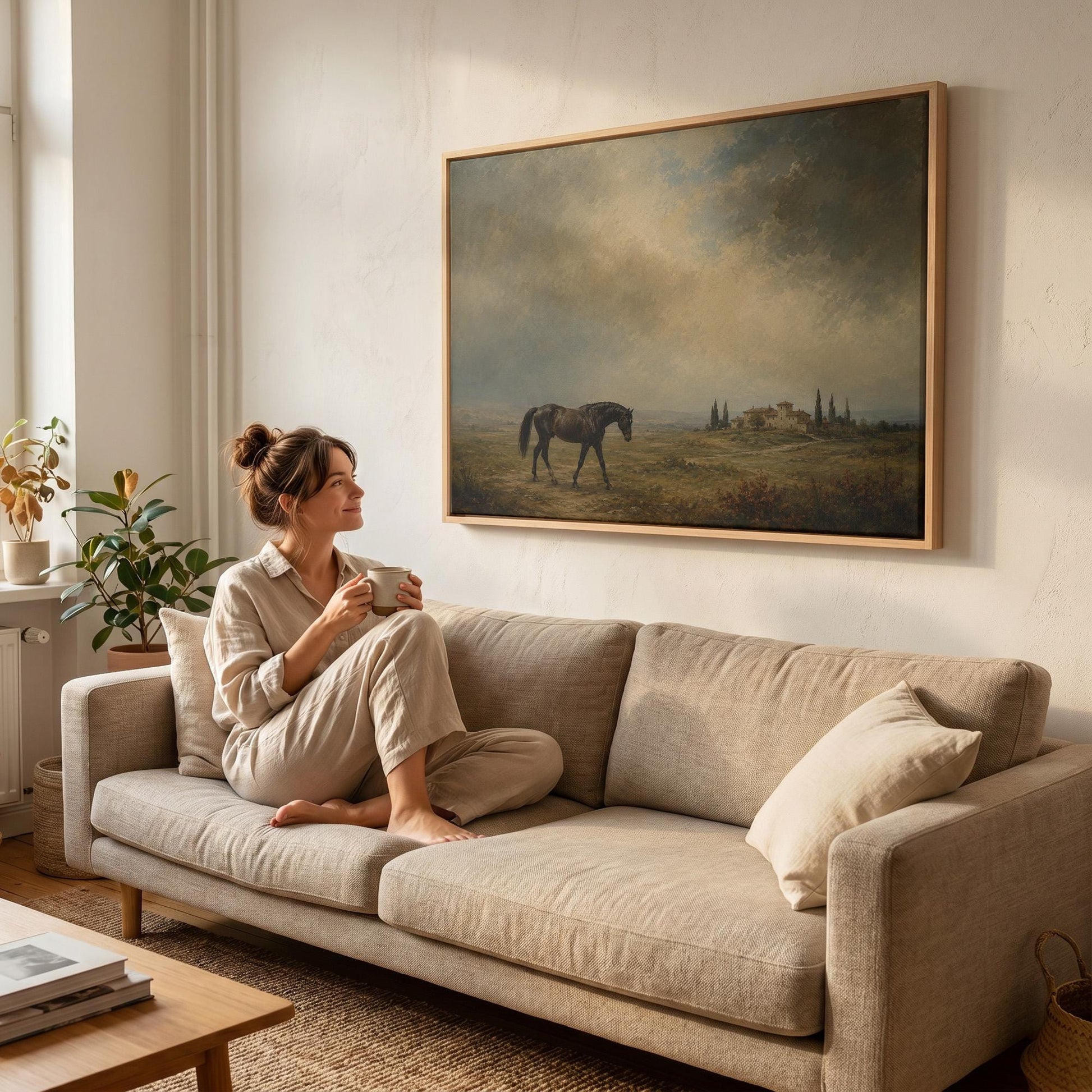Dark horse in a meadow below a Tuscan villa with cypresses, canvas wall art styled against a soft white wall