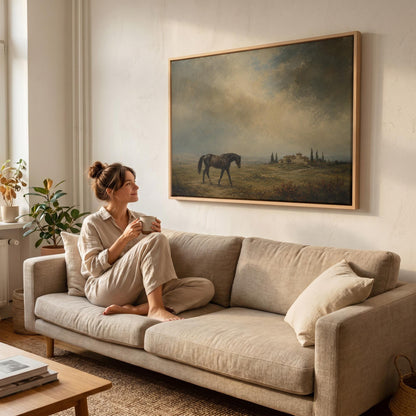 Dark horse in a meadow below a Tuscan villa with cypresses, canvas wall art styled against a soft white wall