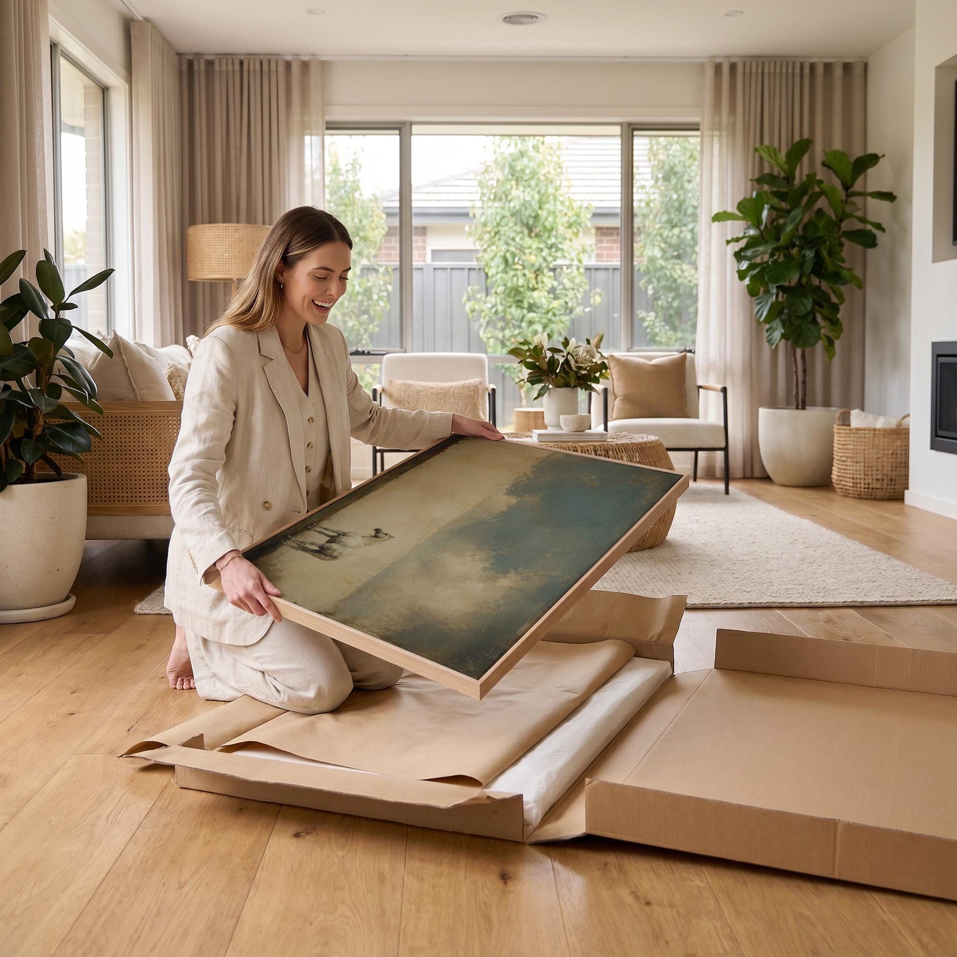 Pale horse alone in a minimalist blue and beige landscape, canvas print hanging in a calm, modern living space
