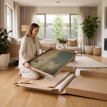 Pale horse alone in a minimalist blue and beige landscape, canvas print hanging in a calm, modern living space