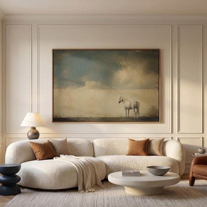 Pale horse alone in a minimalist blue and beige landscape, canvas print styled against a soft white wall