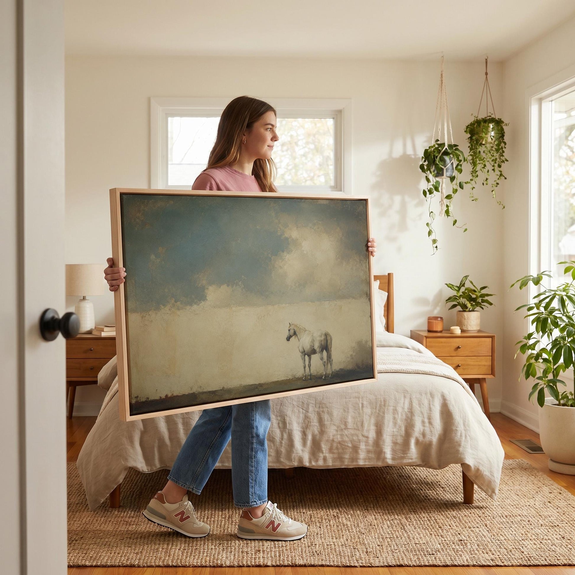 Pale horse alone in a minimalist blue and beige landscape, canvas print presented in a light, minimal room