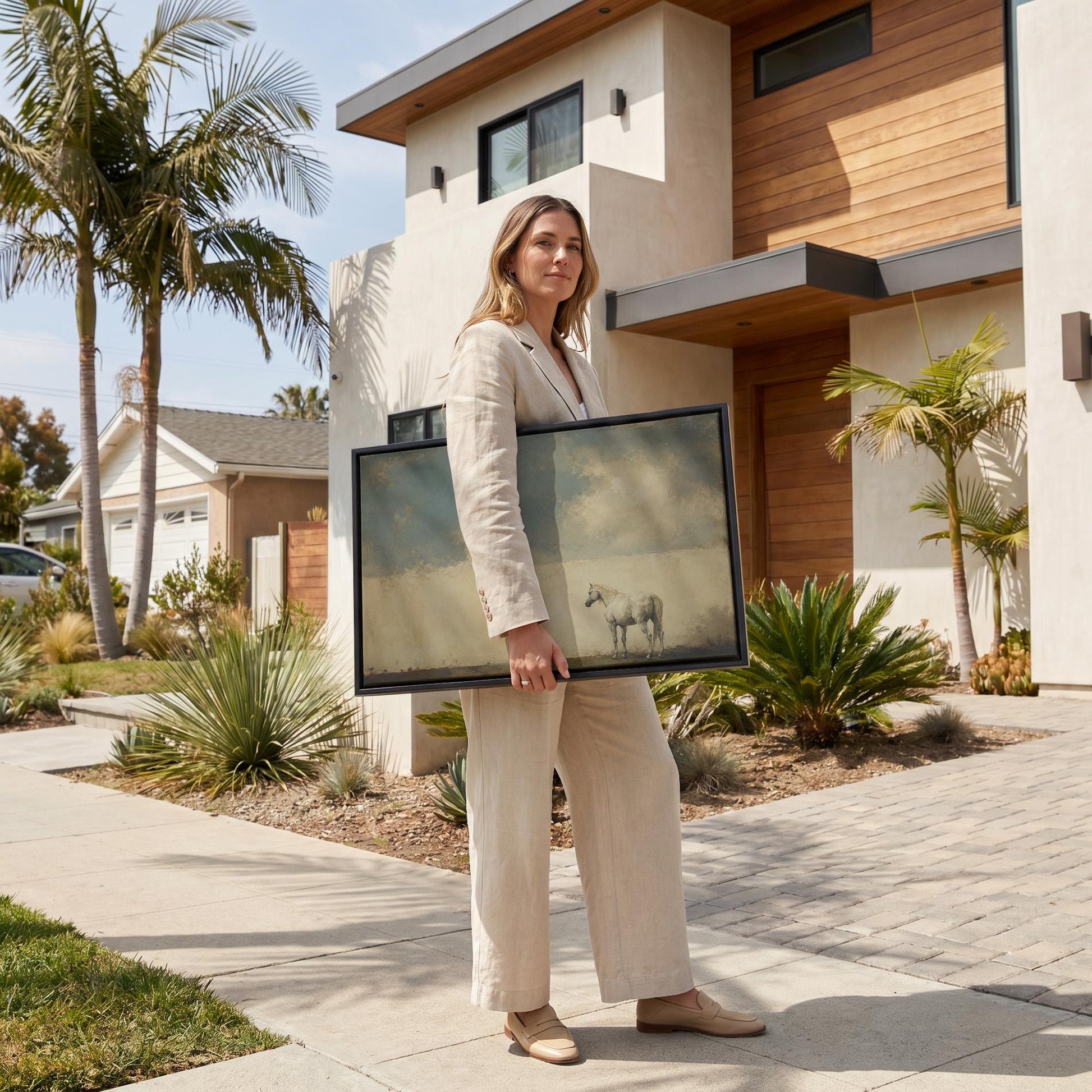 Pale horse alone in a minimalist blue and beige landscape, canvas print on a quiet wall in a considered interior