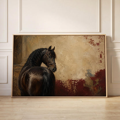 Black horse looking back against a textured gold and red ground, canvas print held up against a sunlit bedroom wall