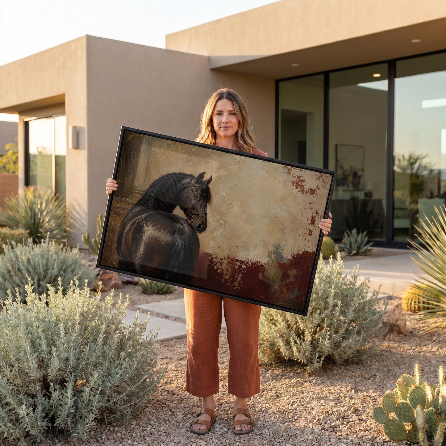 Black horse looking back against a textured gold and red ground, canvas print on a quiet wall in a considered interior
