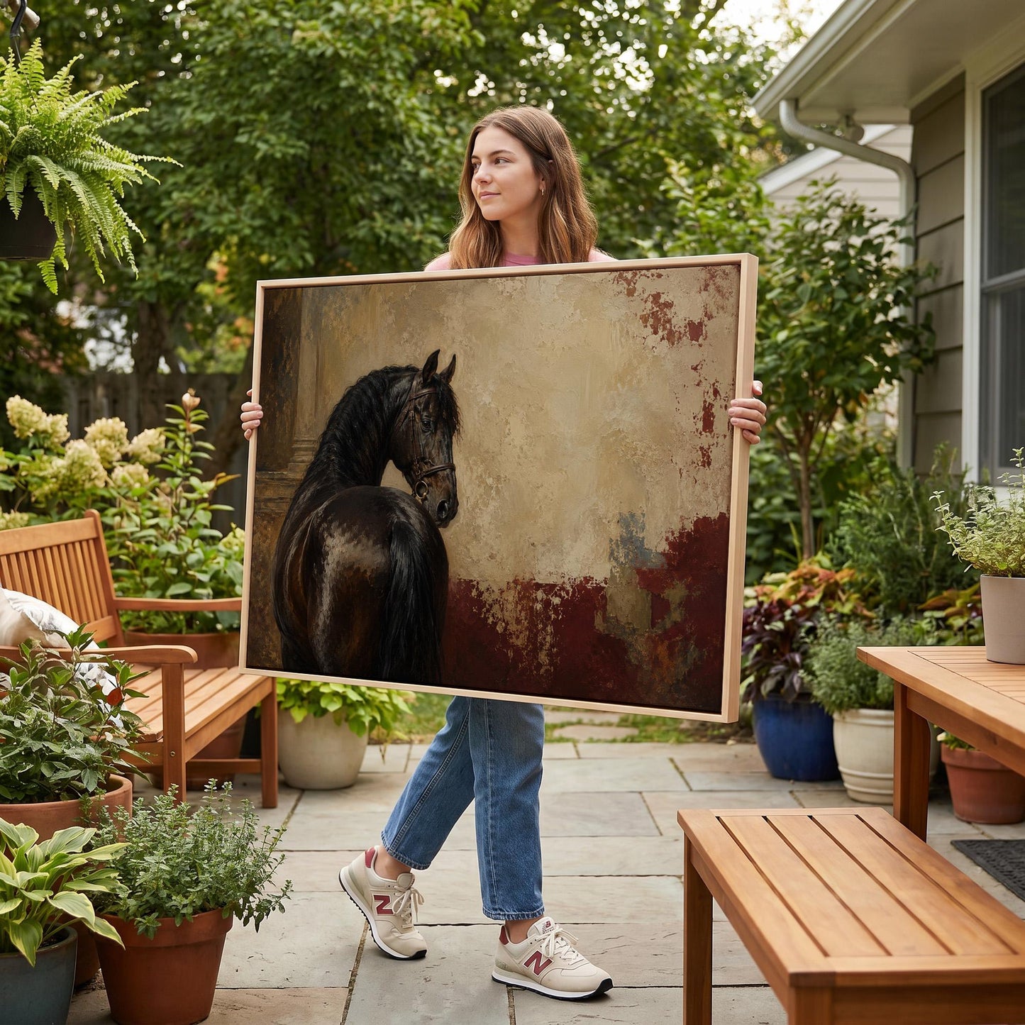 Black horse looking back against a textured gold and red ground, canvas wall art hanging in a calm, modern living space