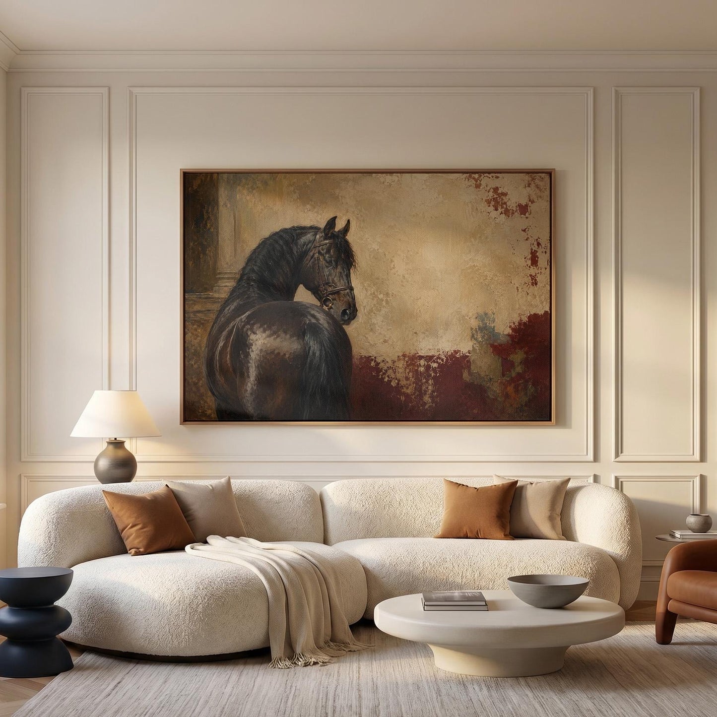 Black horse looking back against a textured gold and red ground, canvas wall art seen in a warm interior with natural light