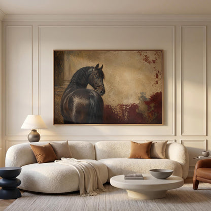Black horse looking back against a textured gold and red ground, canvas wall art seen in a warm interior with natural light