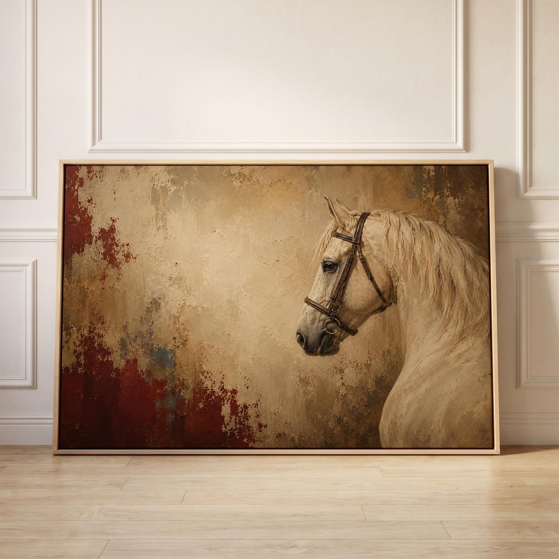 Cream white horse in profile against an aged gold plaster ground, canvas print held up against a sunlit bedroom wall