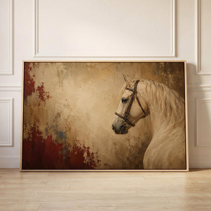 Cream white horse in profile against an aged gold plaster ground, canvas print held up against a sunlit bedroom wall