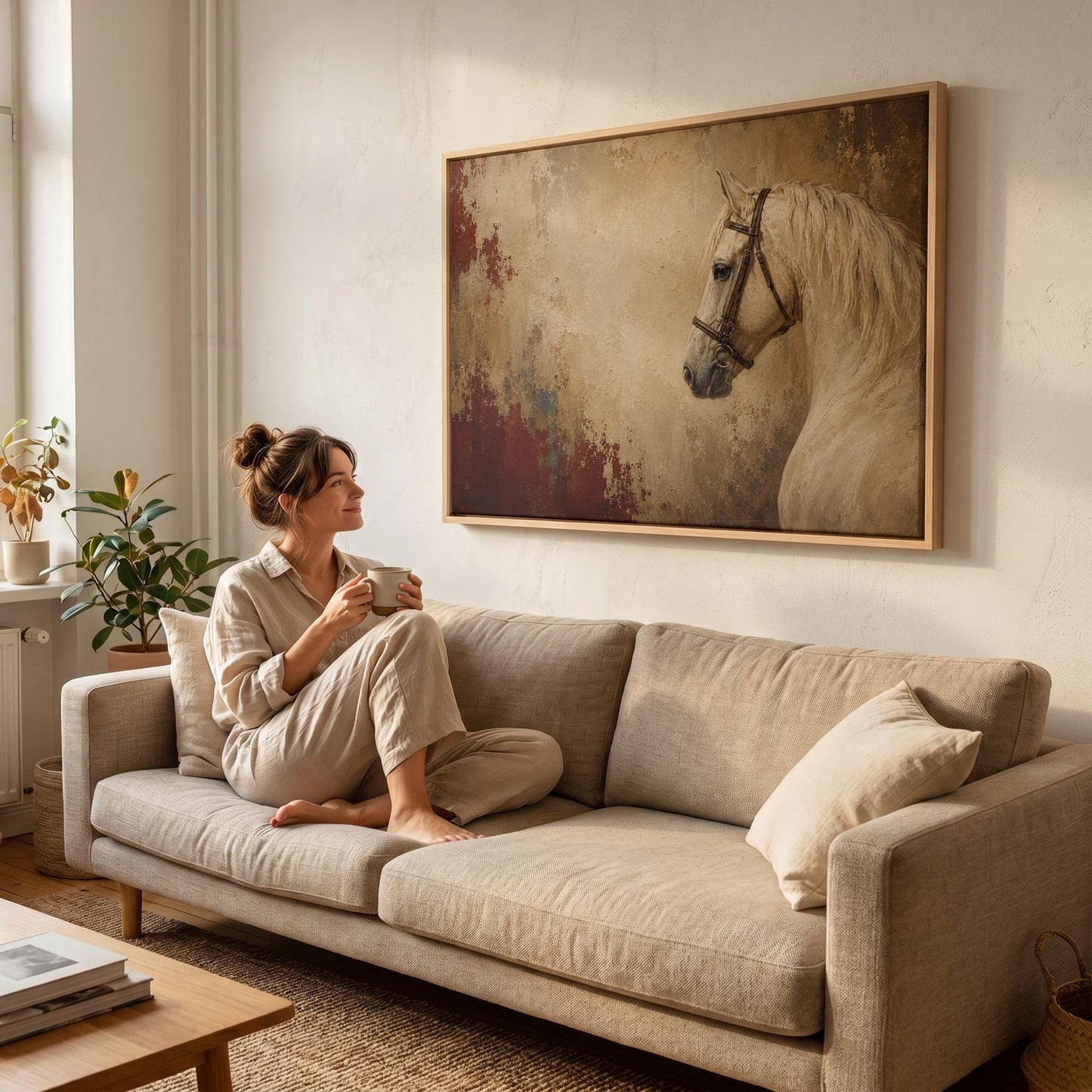 Cream white horse in profile against an aged gold plaster ground, canvas print styled against a soft white wall