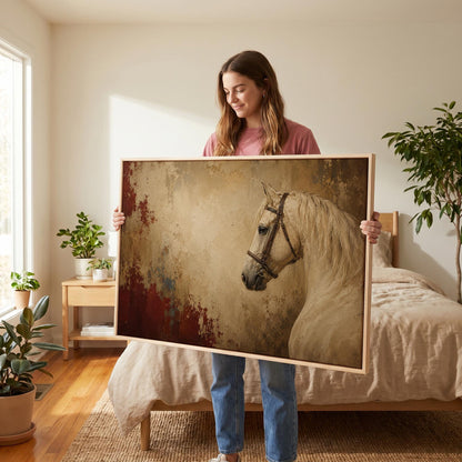 Cream white horse in profile against an aged gold plaster ground, canvas print seen in a warm interior with natural light