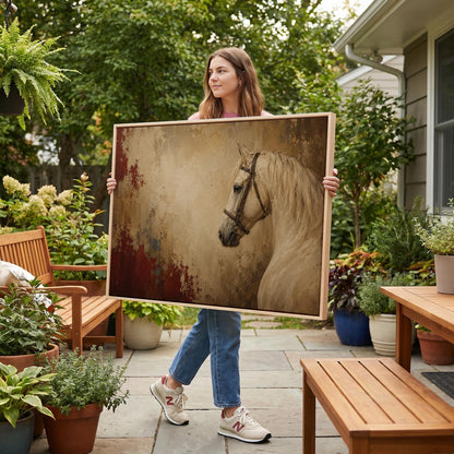 Cream white horse in profile against an aged gold plaster ground, canvas print on a quiet wall in a considered interior