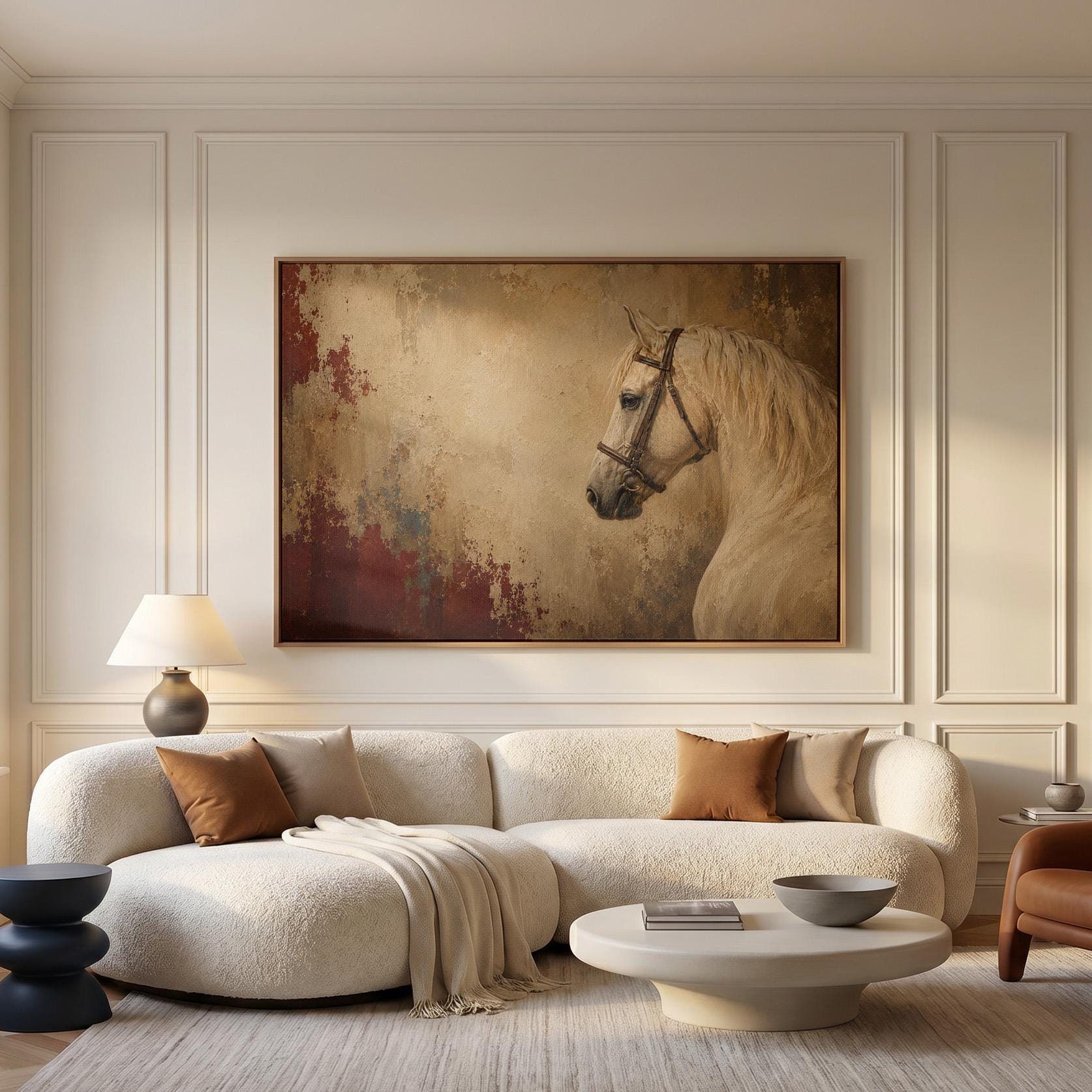 Cream white horse in profile against an aged gold plaster ground, canvas print displayed on a neutral wall in a styled interior