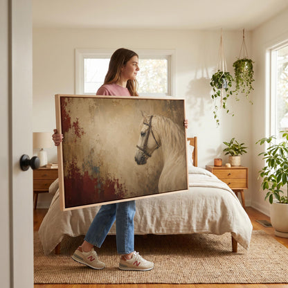 Cream white horse in profile against an aged gold plaster ground, canvas print shown in a sunlit, contemporary room