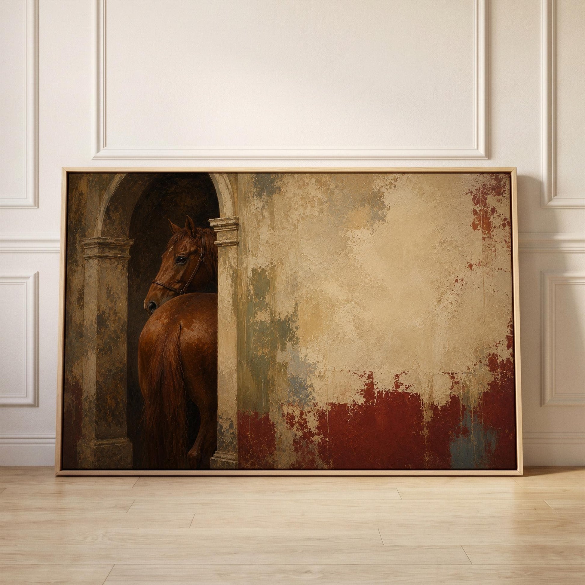 Chestnut horse in a stone archway beside a weathered plaster wall, canvas print held up against a sunlit bedroom wall