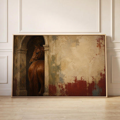 Chestnut horse in a stone archway beside a weathered plaster wall, canvas print held up against a sunlit bedroom wall
