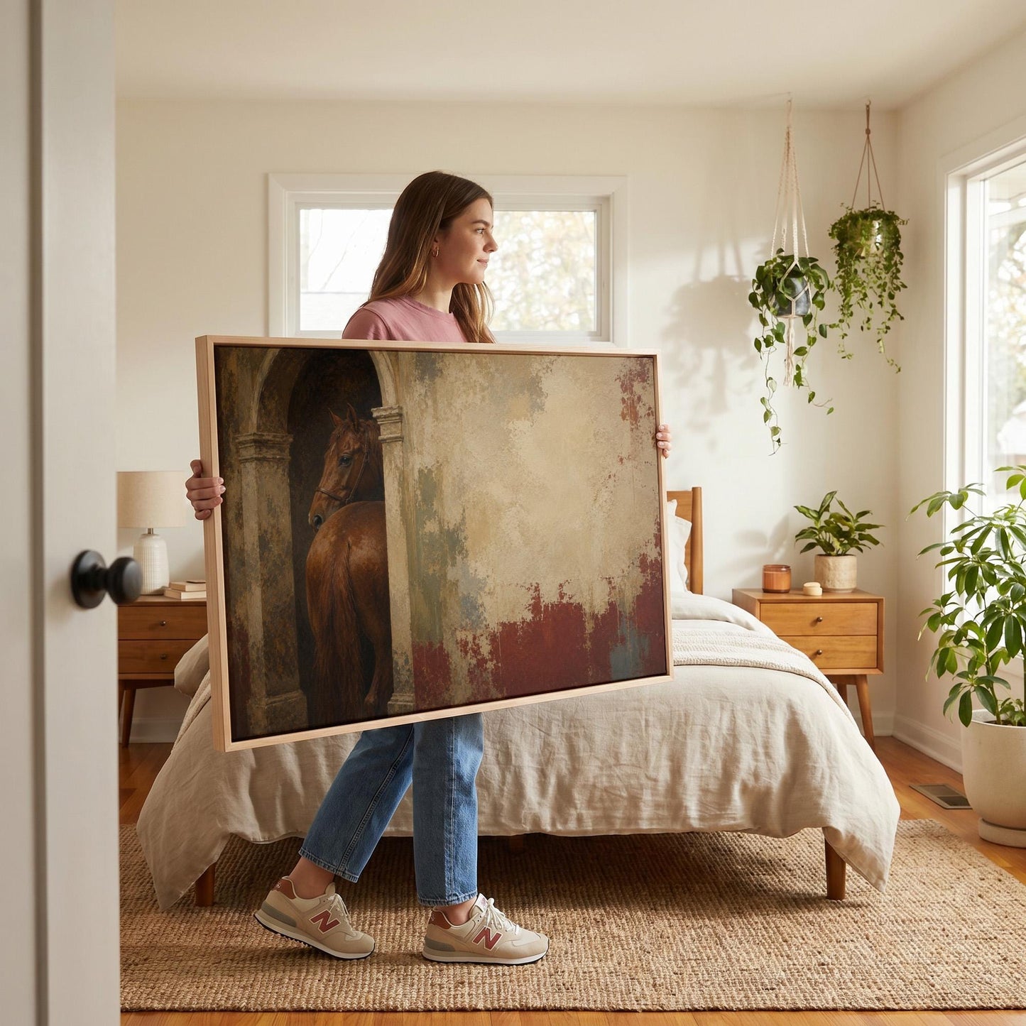 Chestnut horse in a stone archway beside a weathered plaster wall, canvas print hanging in a calm, modern living space