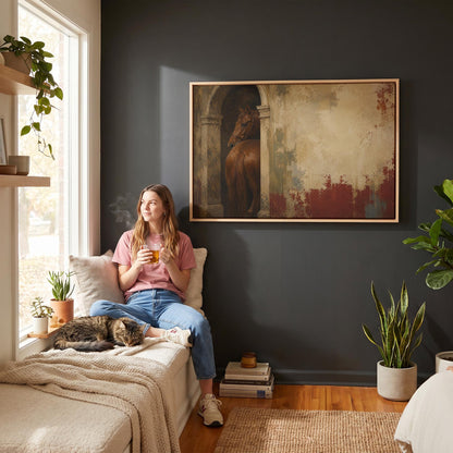Chestnut horse in a stone archway beside a weathered plaster wall, canvas wall art hanging in a calm, modern living space