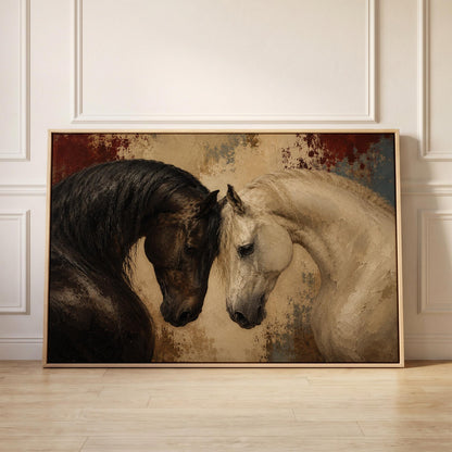 Dark and white horses bowing their heads toward each other, canvas print held up against a sunlit bedroom wall