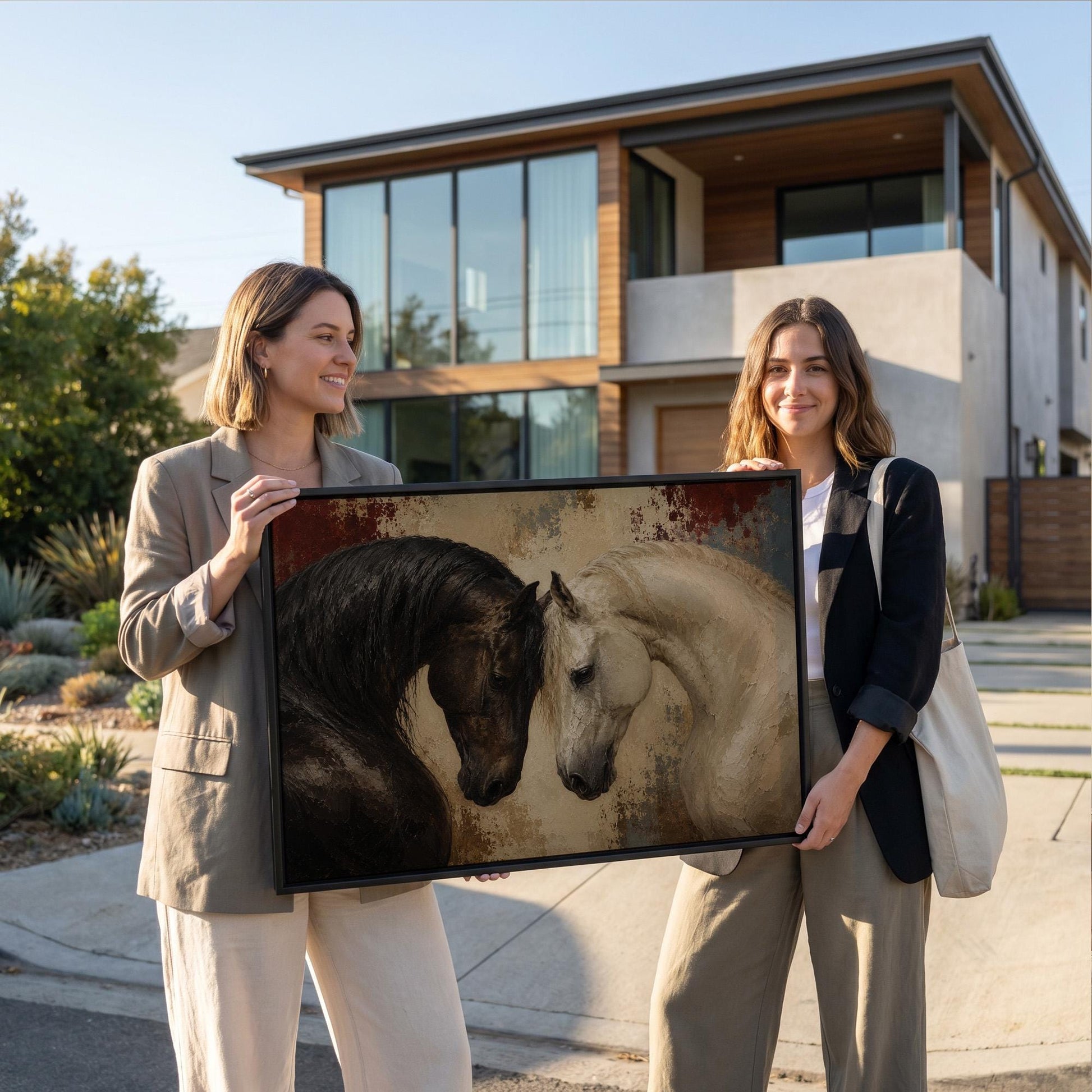 Dark and white horses bowing their heads toward each other, canvas print hanging in a calm, modern living space