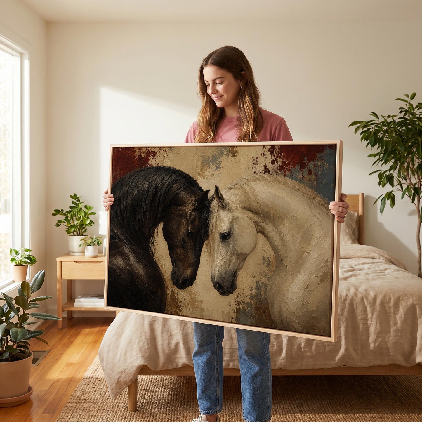 Dark and white horses bowing their heads toward each other, canvas print styled against a soft white wall